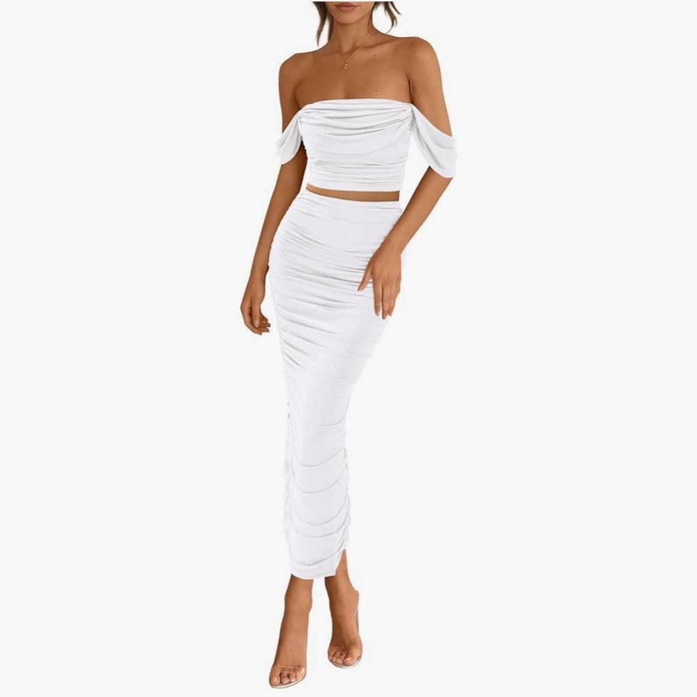 Elegant White Off-Shoulder 2 Piece Skirt Set 
Brand - PrettyGarden